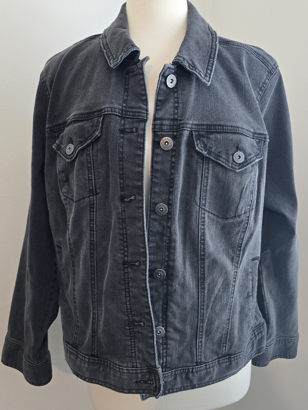 Style & Co. Washed, Distressed Black Stretch Denim Jacket